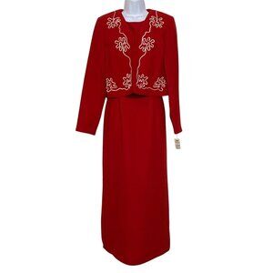 VTG 90s Donna B Taylor Embroidered 2pc Red  V-Neck Dress Suit w/ Shoulder Pads